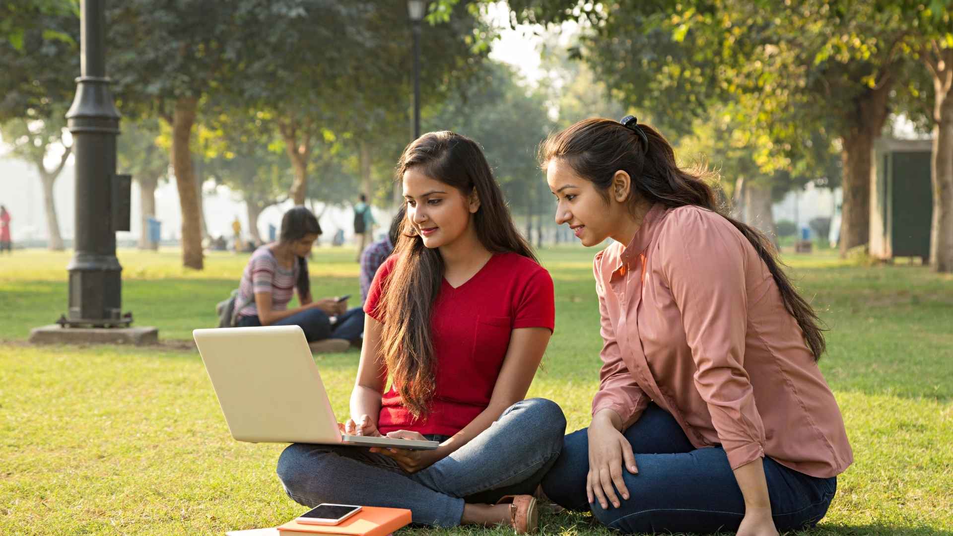 Two students studying together on a laptop in a park
